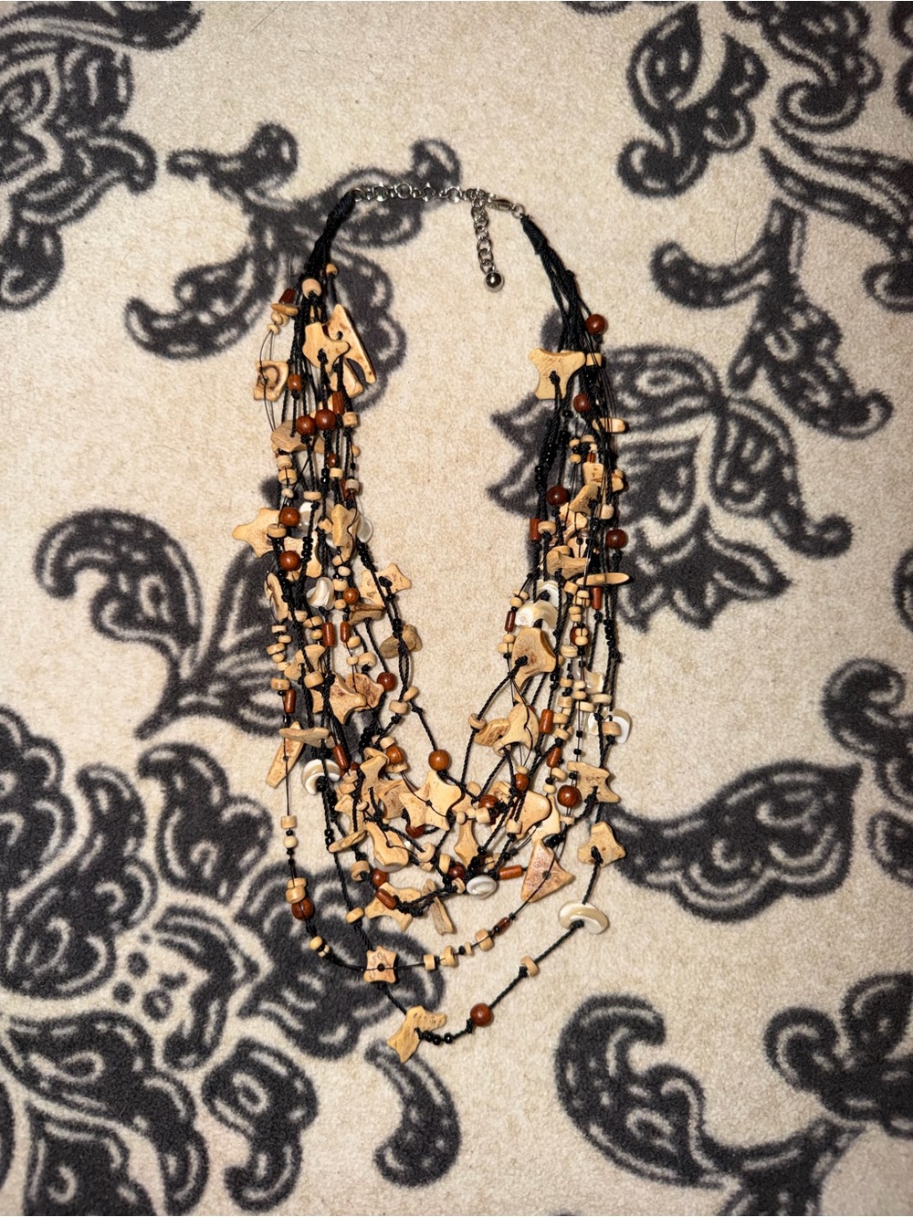 Multistrand Wood & Bead Statement Necklace in Brown and Black